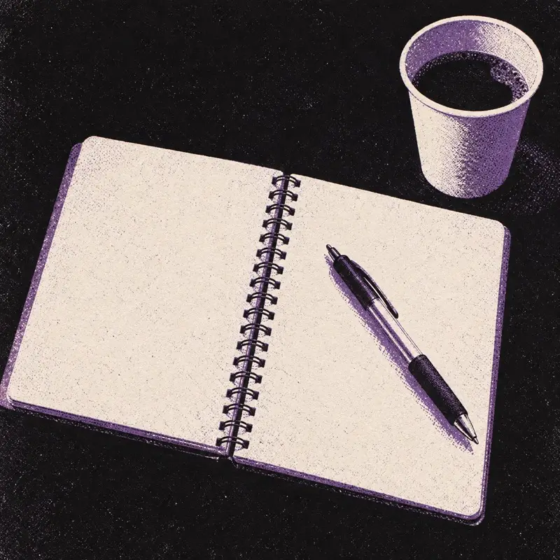 Illustration: an open notebook and pen beside a paper cup
