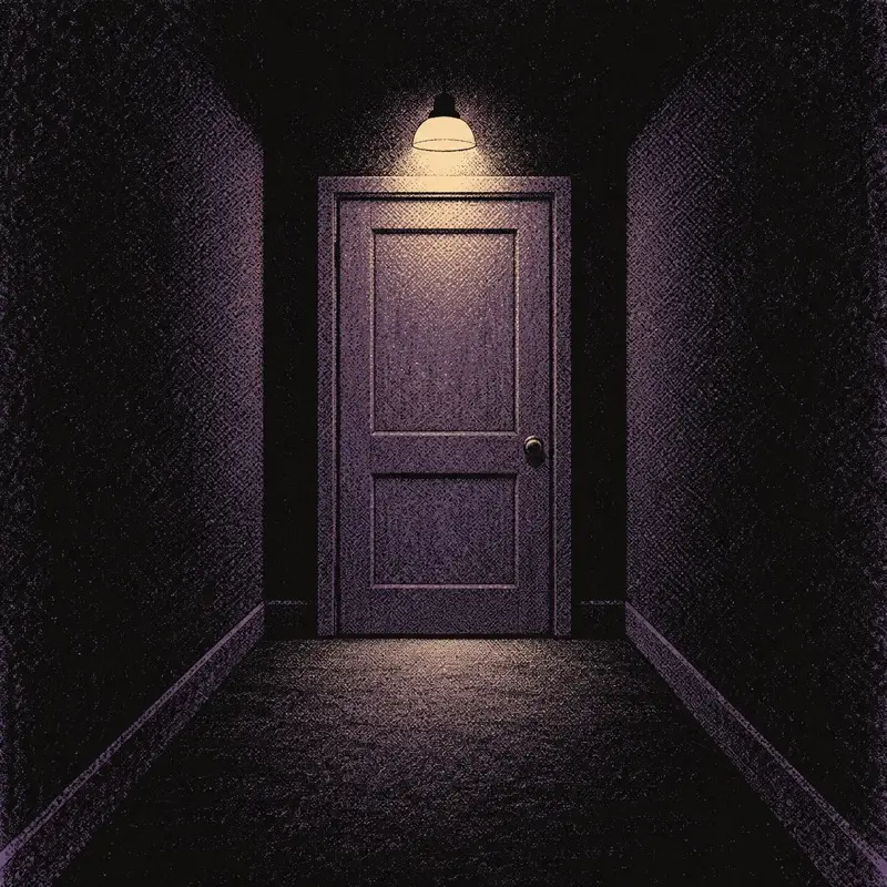 Illustration: a closed door at the end of a corridor under a single lamp